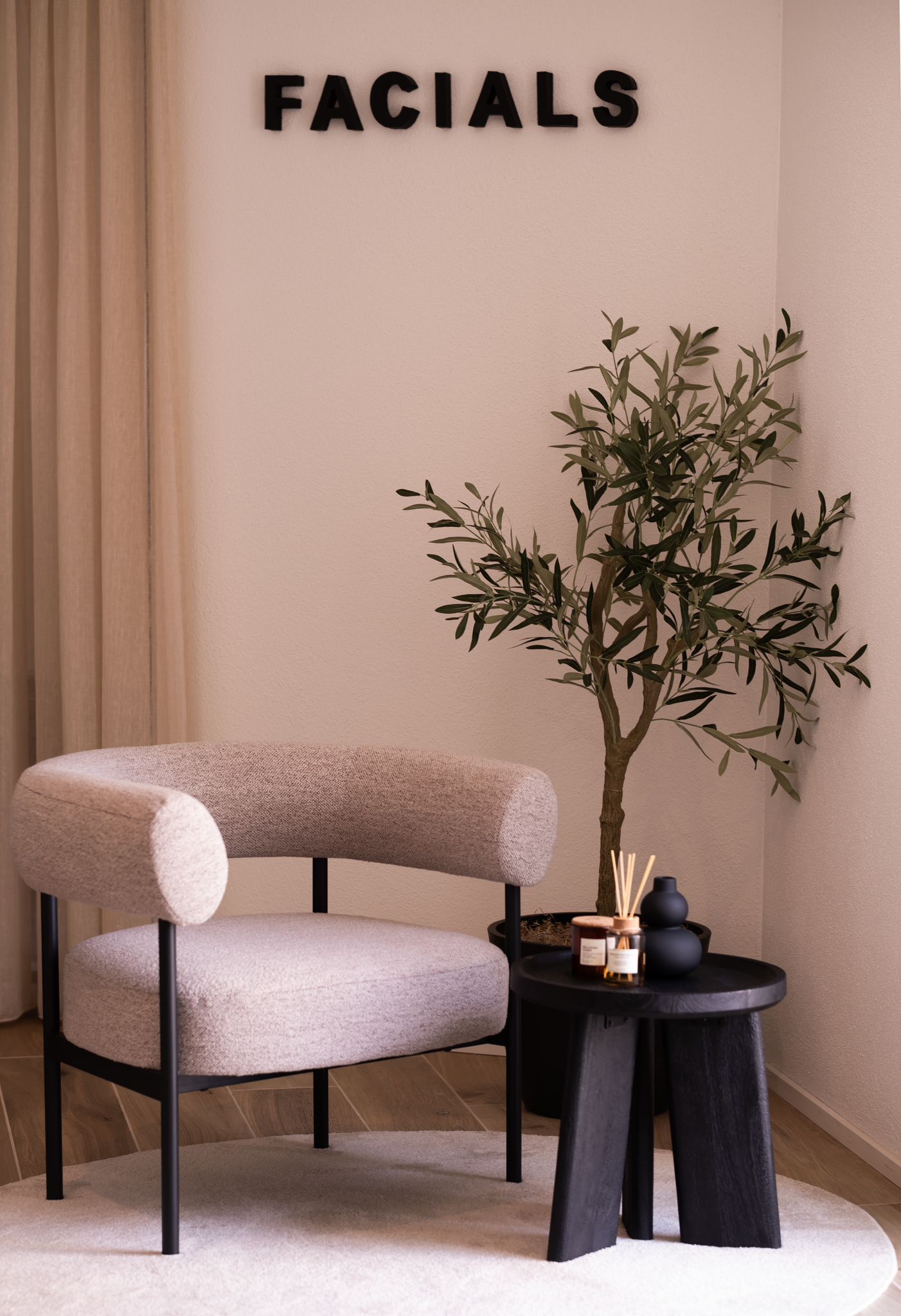 Modern Facials studio interior with comfortable seating and elegant design